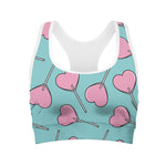 Pink Heart Lollipop Pattern Print Women's Sports Bra