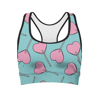 Pink Heart Lollipop Pattern Print Women's Sports Bra
