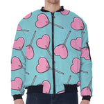 Pink Heart Lollipop Pattern Print Zip Sleeve Bomber Jacket