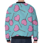 Pink Heart Lollipop Pattern Print Zip Sleeve Bomber Jacket