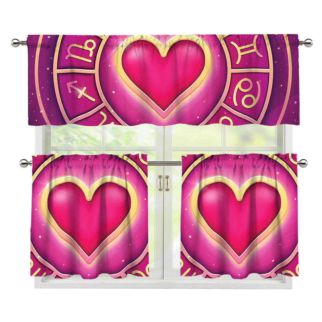 Pink Heart Zodiac Wheel Print 3 Piece Kitchen Curtains