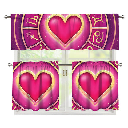 Pink Heart Zodiac Wheel Print 3 Piece Kitchen Curtains