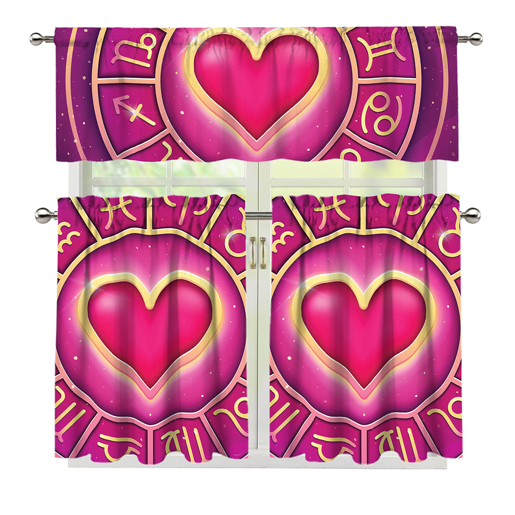 Pink Heart Zodiac Wheel Print 3 Piece Kitchen Curtains