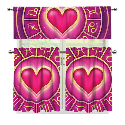 Pink Heart Zodiac Wheel Print 3 Piece Kitchen Curtains