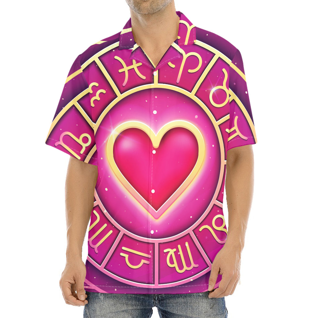Pink Heart Zodiac Wheel Print Aloha Shirt