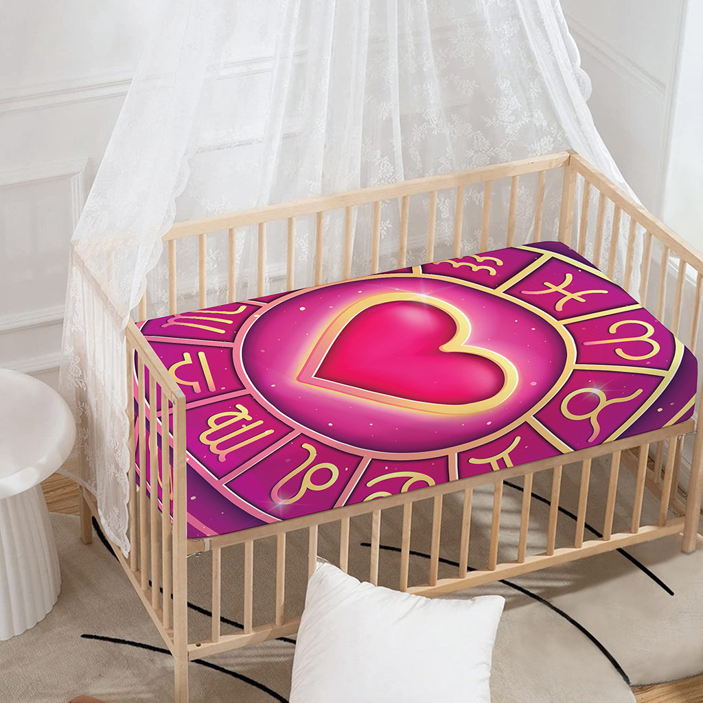 Pink Heart Zodiac Wheel Print Baby Crib Sheet
