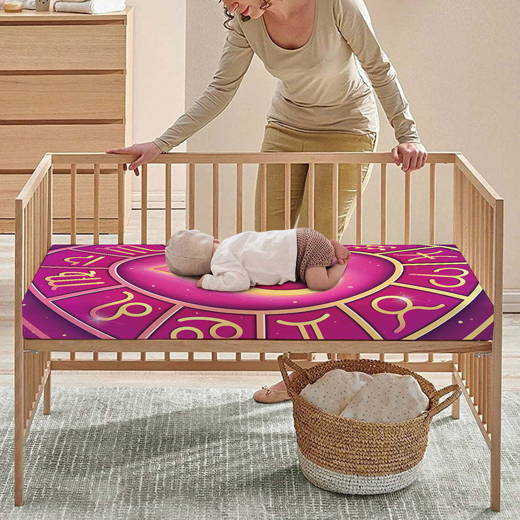 Pink Heart Zodiac Wheel Print Baby Crib Sheet