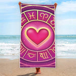Pink Heart Zodiac Wheel Print Beach Towel