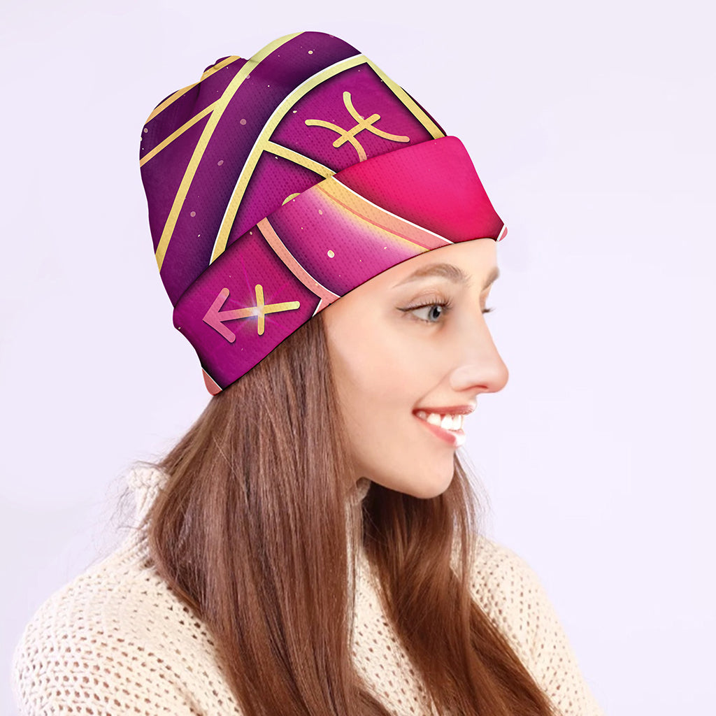 Pink Heart Zodiac Wheel Print Beanie