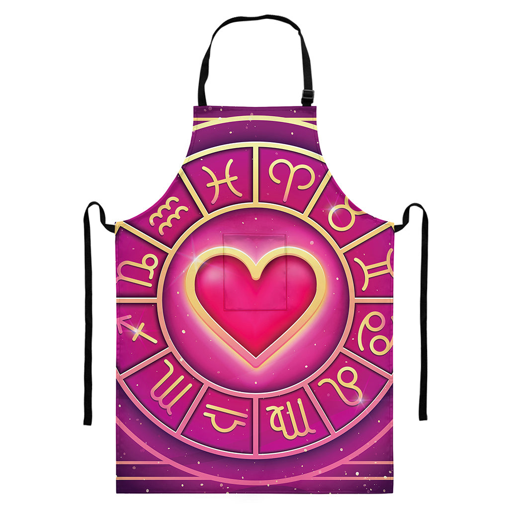 Pink Heart Zodiac Wheel Print Bib Apron With Pocket