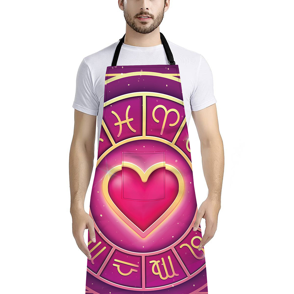 Pink Heart Zodiac Wheel Print Bib Apron With Pocket