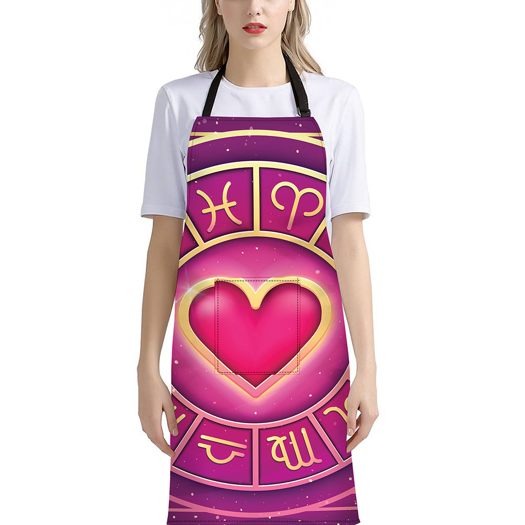 Pink Heart Zodiac Wheel Print Bib Apron With Pocket