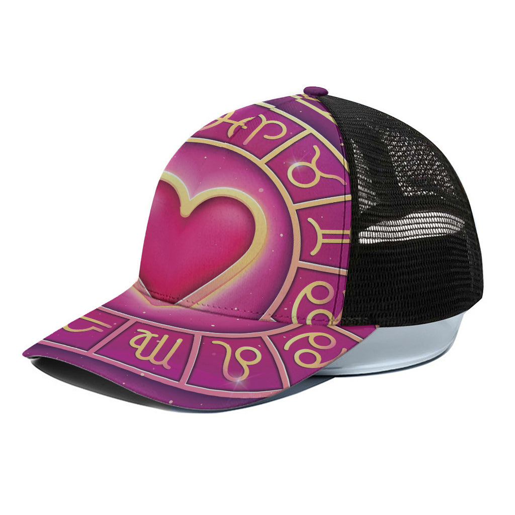Pink Heart Zodiac Wheel Print Black Mesh Trucker Cap