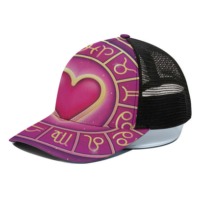 Pink Heart Zodiac Wheel Print Black Mesh Trucker Cap