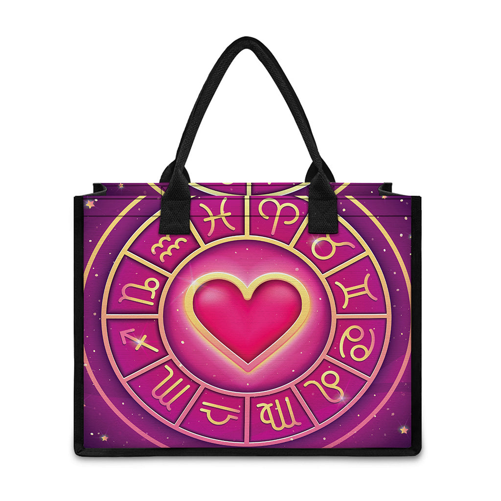 Pink Heart Zodiac Wheel Print Canvas Tote Bag