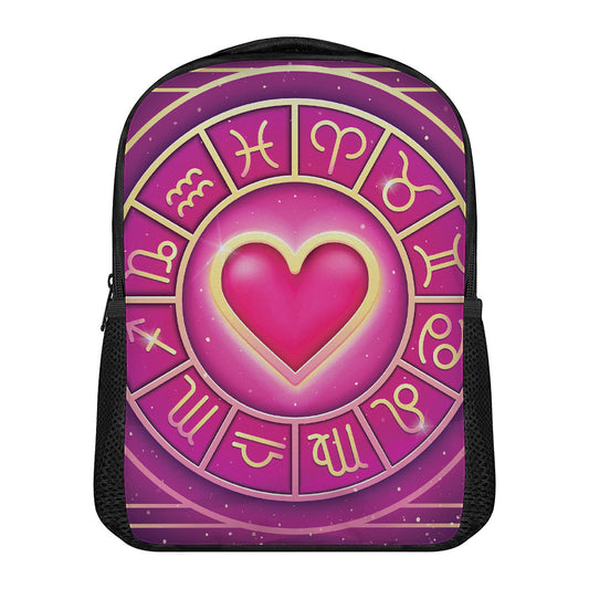 Pink Heart Zodiac Wheel Print Casual Backpack