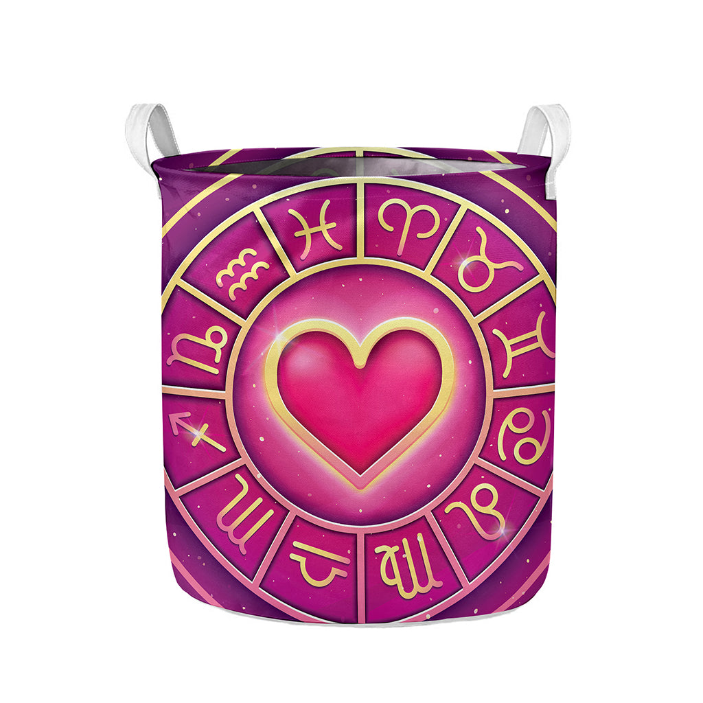 Pink Heart Zodiac Wheel Print Collapsible Laundry Basket