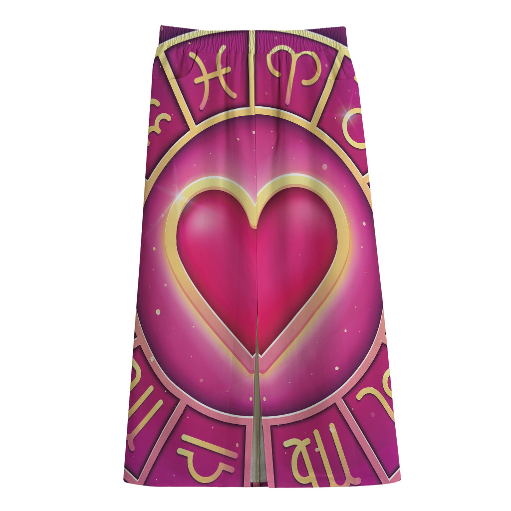 Pink Heart Zodiac Wheel Print Cotton Front Slit Maxi Skirt
