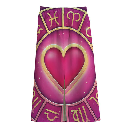 Pink Heart Zodiac Wheel Print Cotton Front Slit Maxi Skirt