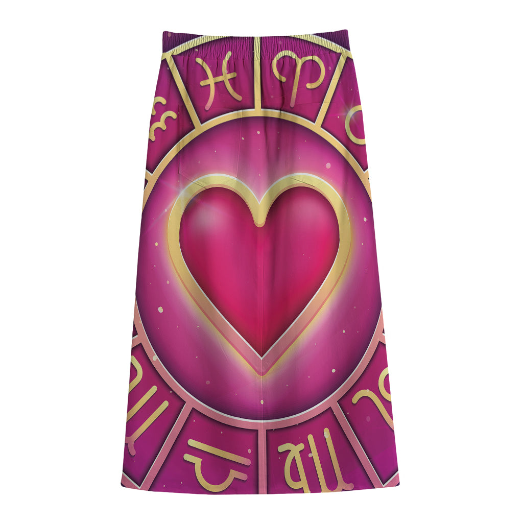 Pink Heart Zodiac Wheel Print Cotton Front Slit Maxi Skirt