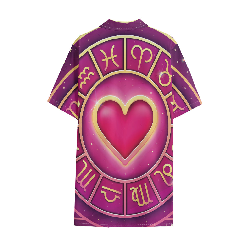 Pink Heart Zodiac Wheel Print Cotton Hawaiian Shirt