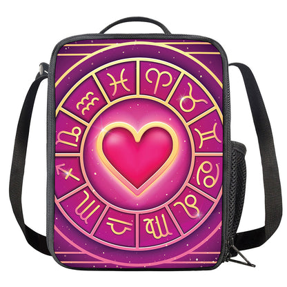 Pink Heart Zodiac Wheel Print Crossbody Lunch Bag