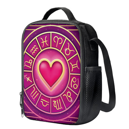 Pink Heart Zodiac Wheel Print Crossbody Lunch Bag