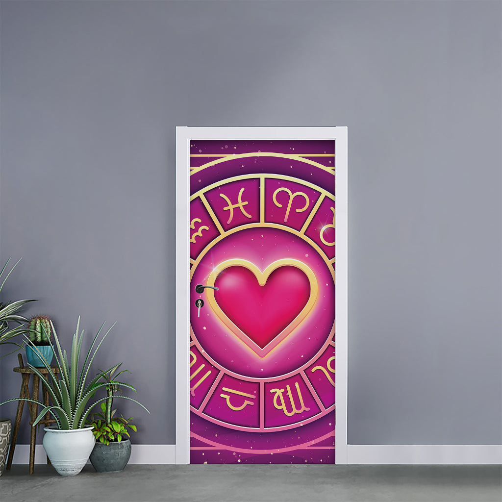 Pink Heart Zodiac Wheel Print Door Sticker