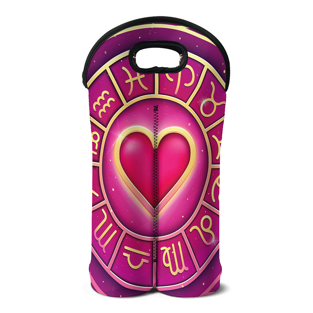 Pink Heart Zodiac Wheel Print Double Neoprene Wine Tote