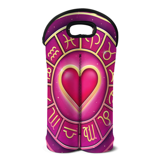 Pink Heart Zodiac Wheel Print Double Neoprene Wine Tote