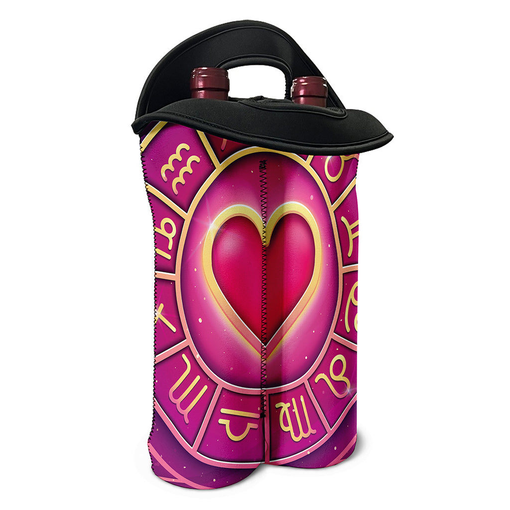 Pink Heart Zodiac Wheel Print Double Neoprene Wine Tote