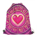 Pink Heart Zodiac Wheel Print Drawstring Bag