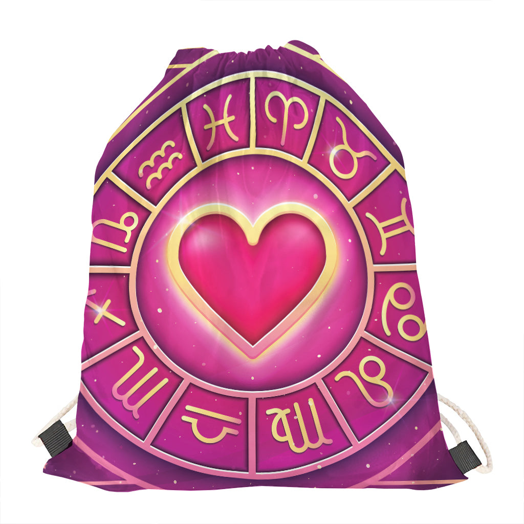 Pink Heart Zodiac Wheel Print Drawstring Bag
