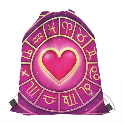 Pink Heart Zodiac Wheel Print Drawstring Bag