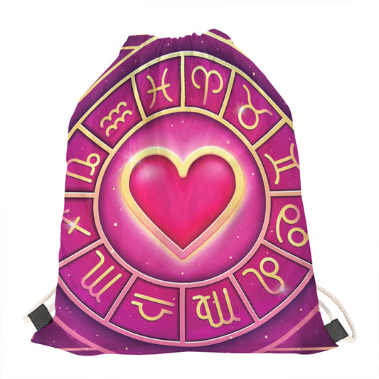 Pink Heart Zodiac Wheel Print Drawstring Bag