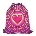 Pink Heart Zodiac Wheel Print Drawstring Bag