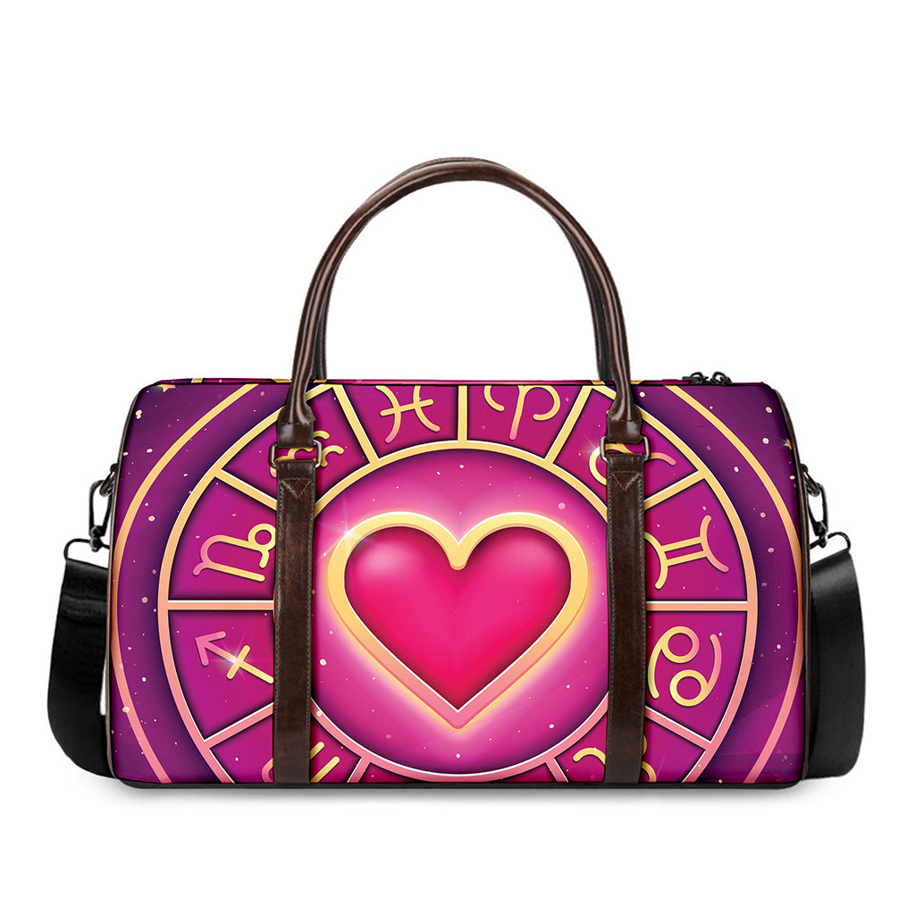 Pink Heart Zodiac Wheel Print Duffle Bag