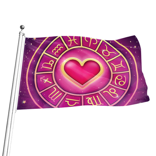 Pink Heart Zodiac Wheel Print Flag