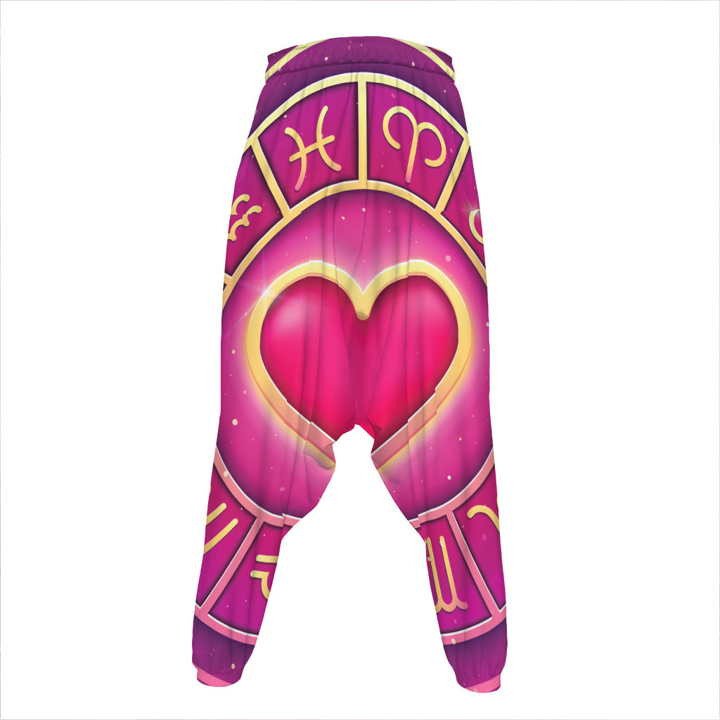 Pink Heart Zodiac Wheel Print Hammer Pants