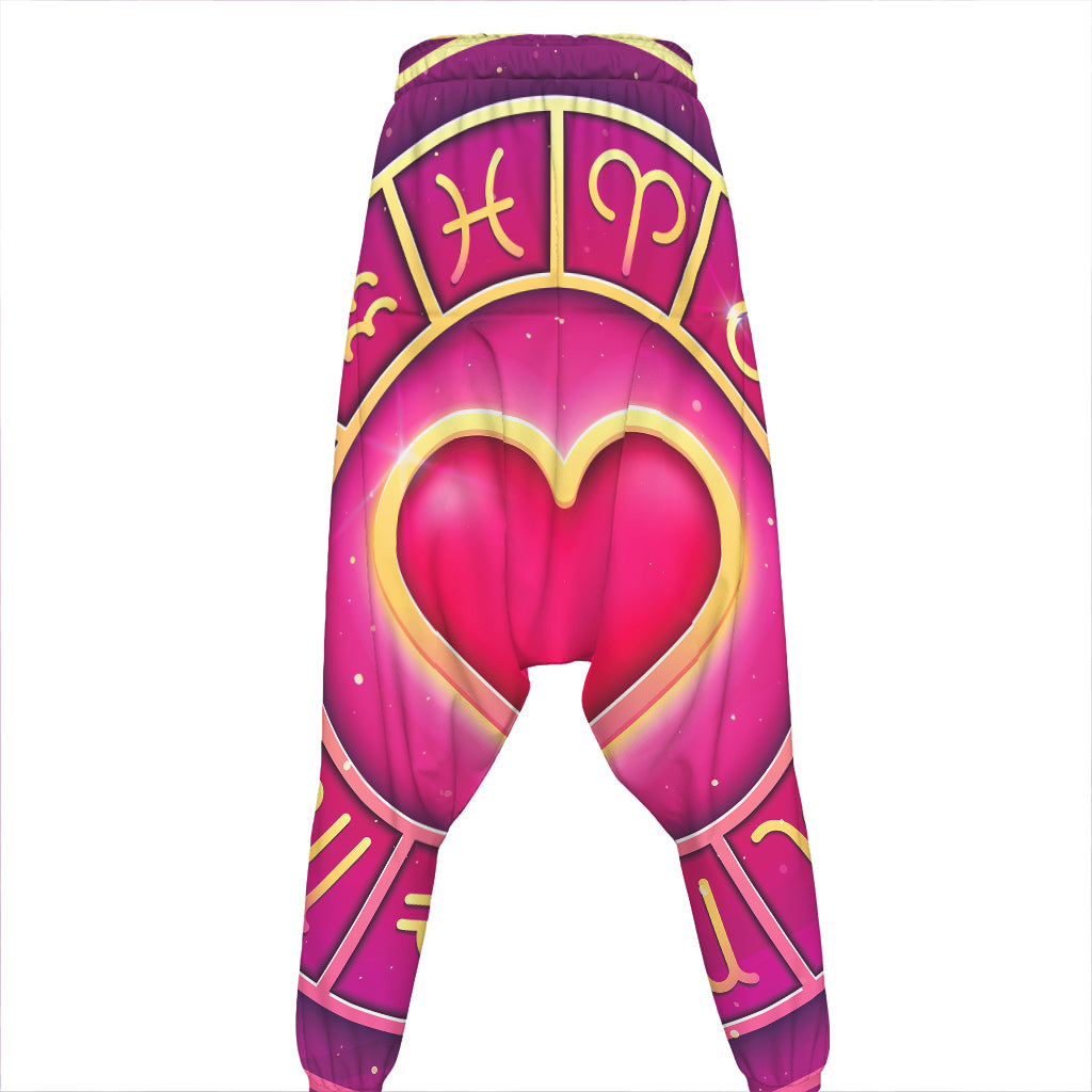 Pink Heart Zodiac Wheel Print Hammer Pants
