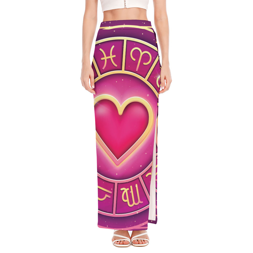 Pink Heart Zodiac Wheel Print High Slit Maxi Skirt