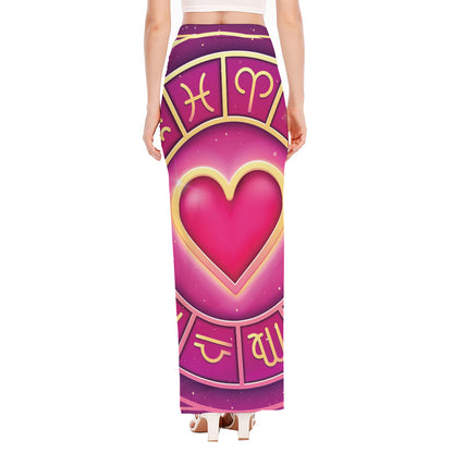 Pink Heart Zodiac Wheel Print High Slit Maxi Skirt