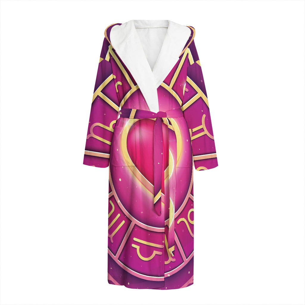 Pink Heart Zodiac Wheel Print Hooded Bathrobe