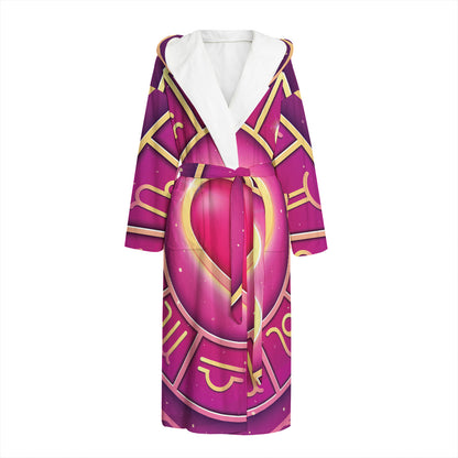 Pink Heart Zodiac Wheel Print Hooded Bathrobe