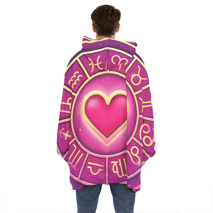 Pink Heart Zodiac Wheel Print Hoodie Blanket