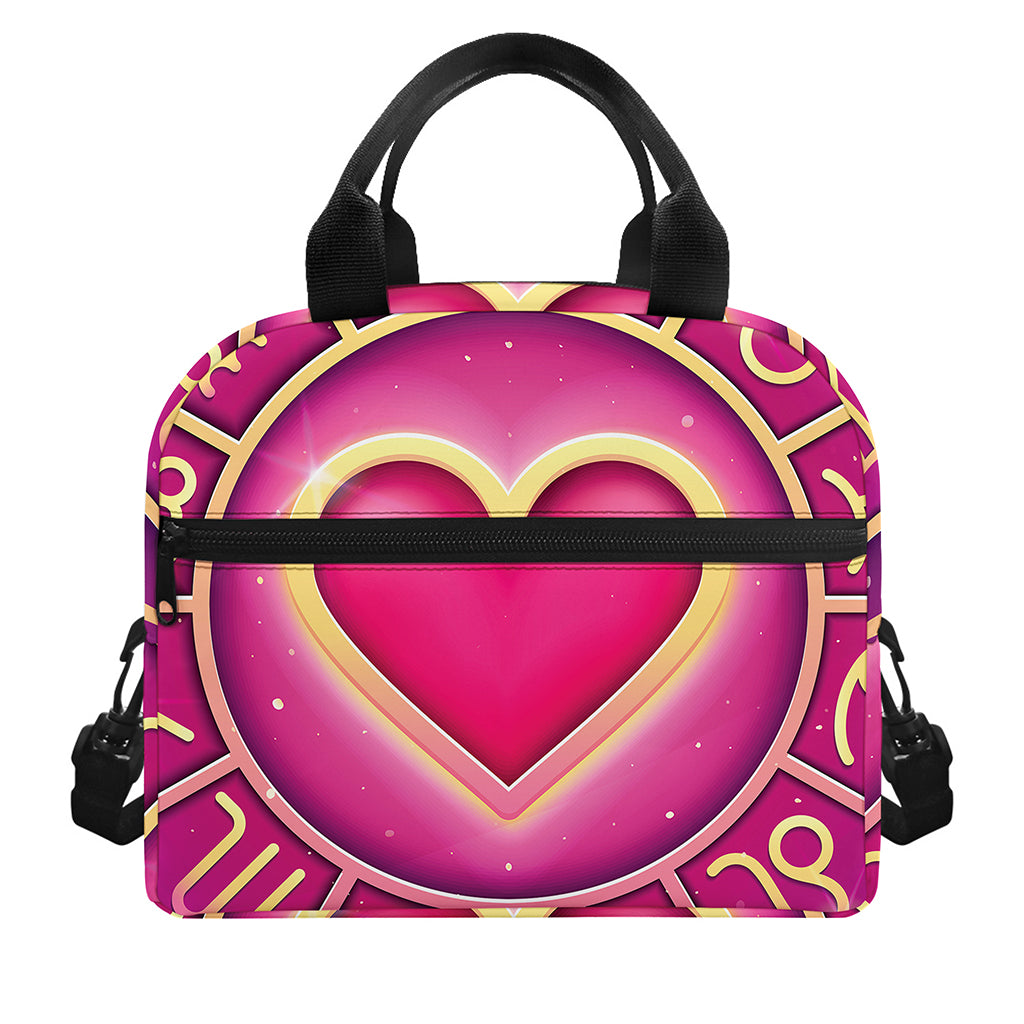 Pink Heart Zodiac Wheel Print Insulated Lunch Bag