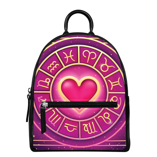 Pink Heart Zodiac Wheel Print Leather Backpack