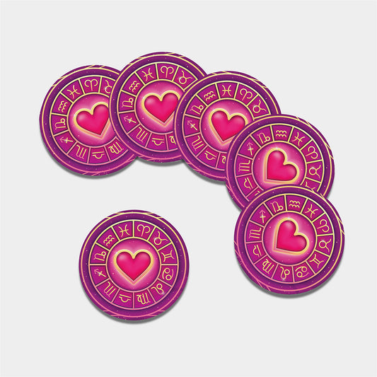 Pink Heart Zodiac Wheel Print Leather Coaster Set