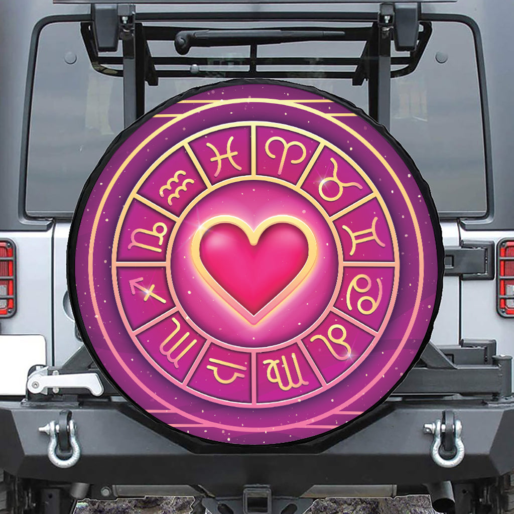 Pink Heart Zodiac Wheel Print Leather Spare Tire Cover