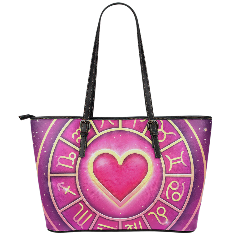 Pink Heart Zodiac Wheel Print Leather Tote Bag
